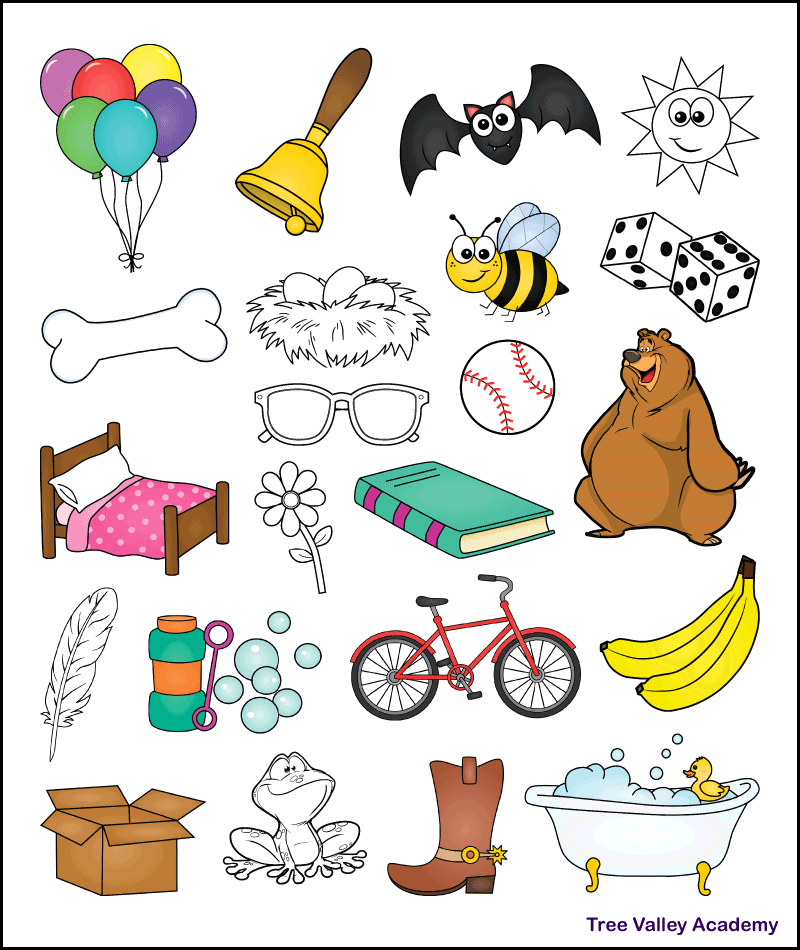 The answer key for a printable letter B beginning sound coloring worksheet. It shows which 15 images start with a B sound and should be colored. Kids must color the pictures of balloons, a bell, bat, bee, bear, ball, bone, bed, book, bubbles, bike, banana, box, boot, and bathtub.