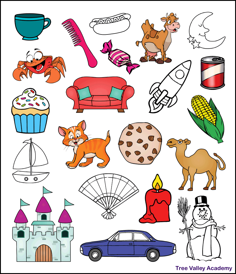 The answer key for a free printable alphabet letter C beginning sound worksheet. It shows which 15 images begin with a C sound and should be colored. Kids need to color the images of a cup, comb, crab, candy, couch, cupcake, can, corn, cat, cookie, camel, candle, castle, and car.