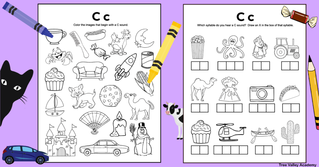 Free letter C sound worksheets. There are 2 black and white letter C sound worksheets. The first page has 21 pictures and kids need to color the images that begin with a C sound. The other printable has 12 images on it with boxes underneath each image, representing the syllables of each word. Kids are asked to draw an X in the box of the syllable that they hear a C sound.