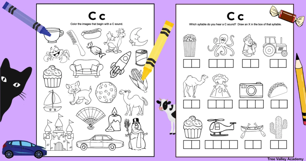 Free letter C sound worksheets. There are 2 black and white letter C sound worksheets. The first page has 21 pictures and kids need to color the images that begin with a C sound. The other printable has 12 images on it with boxes underneath each image, representing the syllables of each word. Kids are asked to draw an X in the box of the syllable that they hear a C sound.