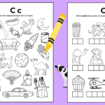 Free letter C sound worksheets. There are 2 black and white letter C sound worksheets. The first page has 21 pictures and kids need to color the images that begin with a C sound. The other printable has 12 images on it with boxes underneath each image, representing the syllables of each word. Kids are asked to draw an X in the box of the syllable that they hear a C sound.