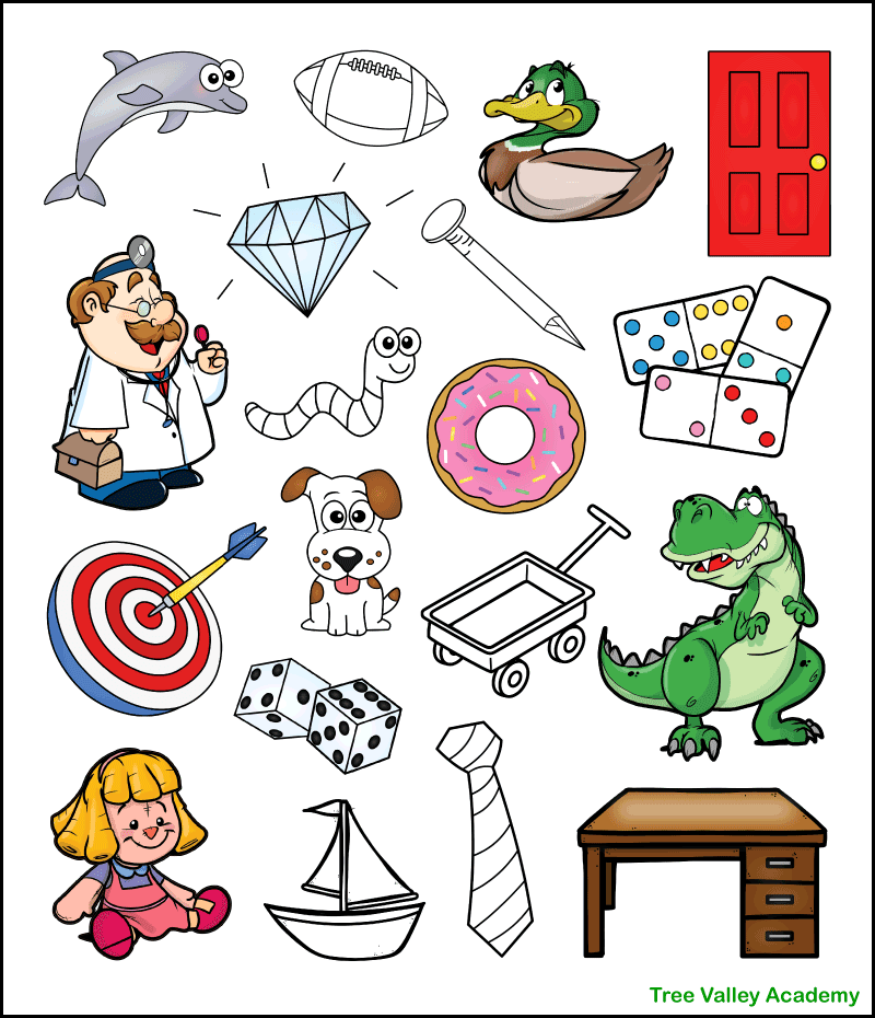 The answer key for a printable letter D beginning sound worksheet. It shows which 19 images begin with a D sound and should be colored. Kids need to color 13 images: the dolphin, duck, door, diamond, doctor, donut, dominoes, dog, dart board, dice, dinosaur, doll, and desk.