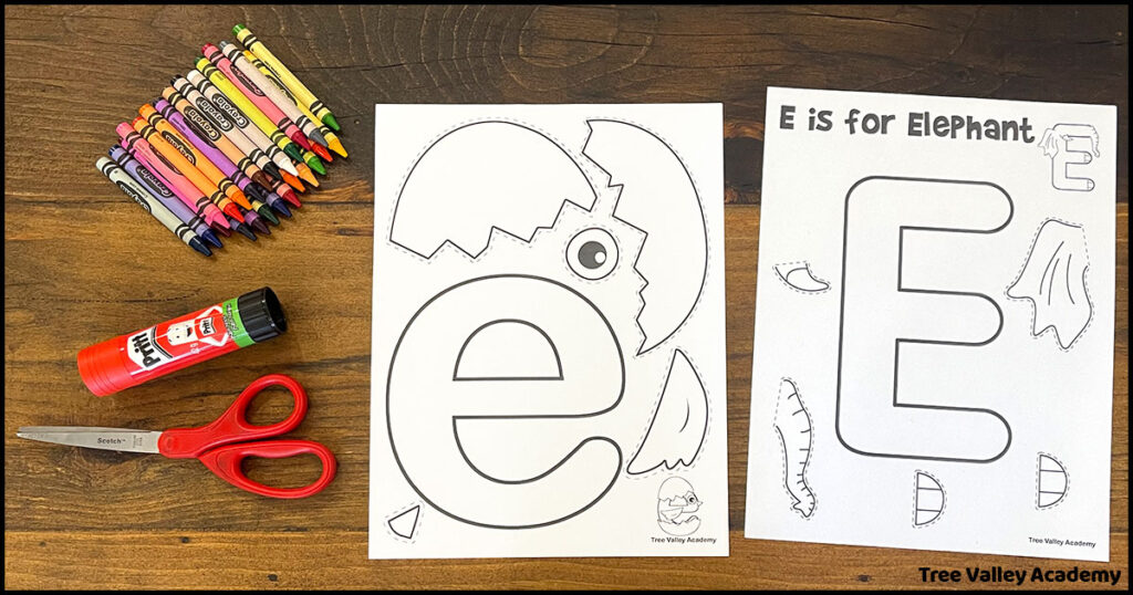 Supplies needed for letter E elephant craft and letter E egg craft: printed template, crayons, scissors, and a glue stick.
