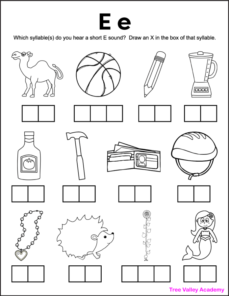 A printable short E sound worksheet. There are 12 black and white images, and kids need to sound each word out and then identify which syllable(s) contains a short letter E sound. Kids will draw an X in the box(es) representing those syllables. There is a picture of a camel, basketball, pencil, blender, ketchup, hammer, wallet, helmet, necklace, hedgehog, sunflower, and mermaid.