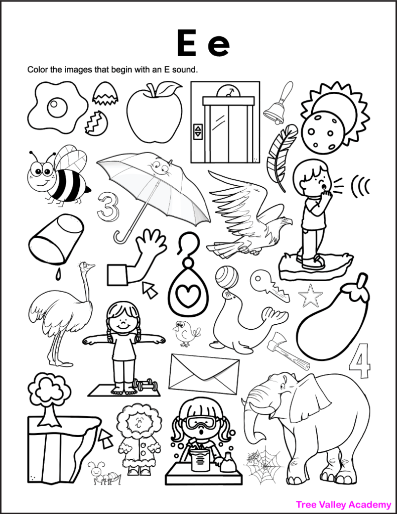 A free printable letter E sound coloring worksheet for kindergarten. The black and white printable has 30 images for kids to sound out and color the images that begin with an E sound. 12 of the pictures start with a short E vowel sound, and 3 begin with a long E sound.