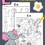 2 black and white printable letter E sound worksheets. There's a letter E beginning sound coloring page with 30 images, and kids need to color the pictures that begin with an E sound. It could be a short or long E sound. The other alphabet worksheet has 12 images. There are boxes underneath each image representing the syllables of each word. Kids are asked to draw an X in the box of the syllable that they hear a short E sound.