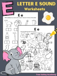 2 black and white printable letter E sound worksheets. There's a letter E beginning sound coloring page with 30 images, and kids need to color the pictures that begin with an E sound. It could be a short or long E sound. The other alphabet worksheet has 12 images. There are boxes underneath each image representing the syllables of each word. Kids are asked to draw an X in the box of the syllable that they hear a short E sound.