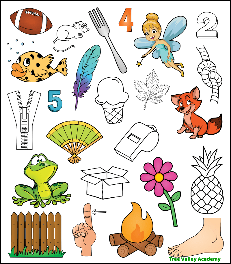 A letter F beginning sound coloring worksheet answer key. It shows which 15 images start with an F sound and should be colored. Kids should have colored the pictures of a football, fish, feather, five, fan, frog, fence, finger, fire, flower, foot, fox, fairy, four, and fork.