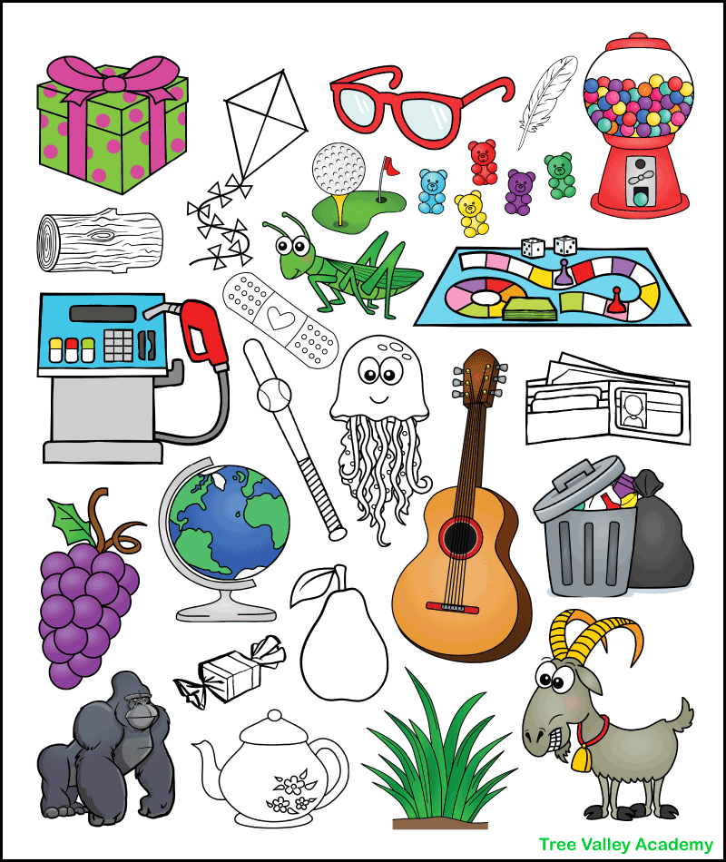 A letter G beginning sound coloring worksheet answer key. It shows which 15 images start with a hard G sound and should be colored. Kids should have colored the pictures of a gift, glasses, gumballs, gummy bears, golf, game, grasshopper, gas, grapes, globe, guitar, garbage, gorilla, grass, and goat.