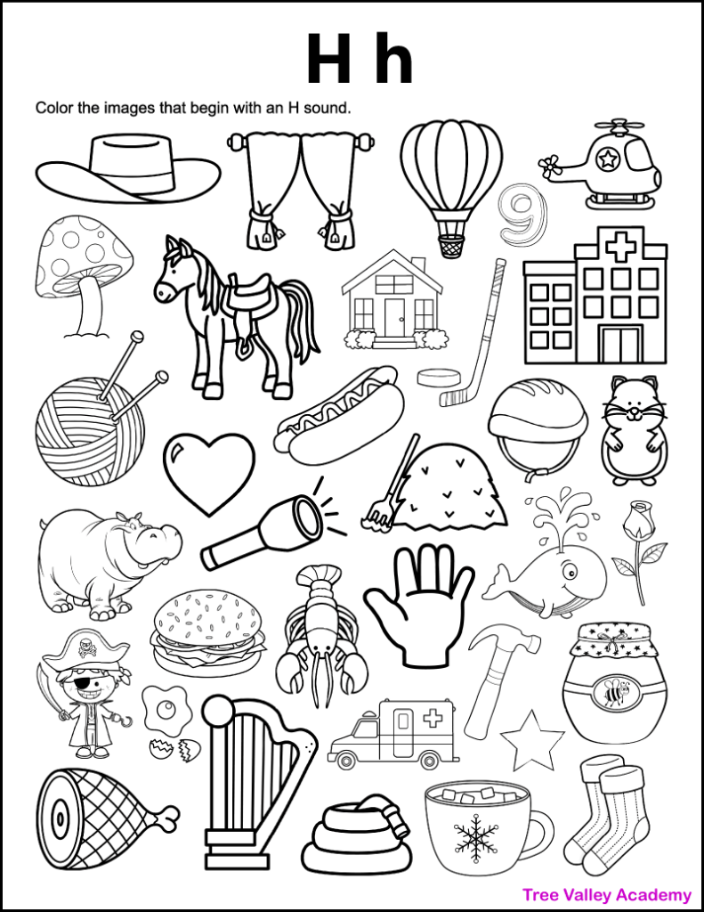 A printable letter H beginning sound worksheet for kindergarten students. The letter H coloring page has 34 pictures. 21 items start with an H sound for kids to color.