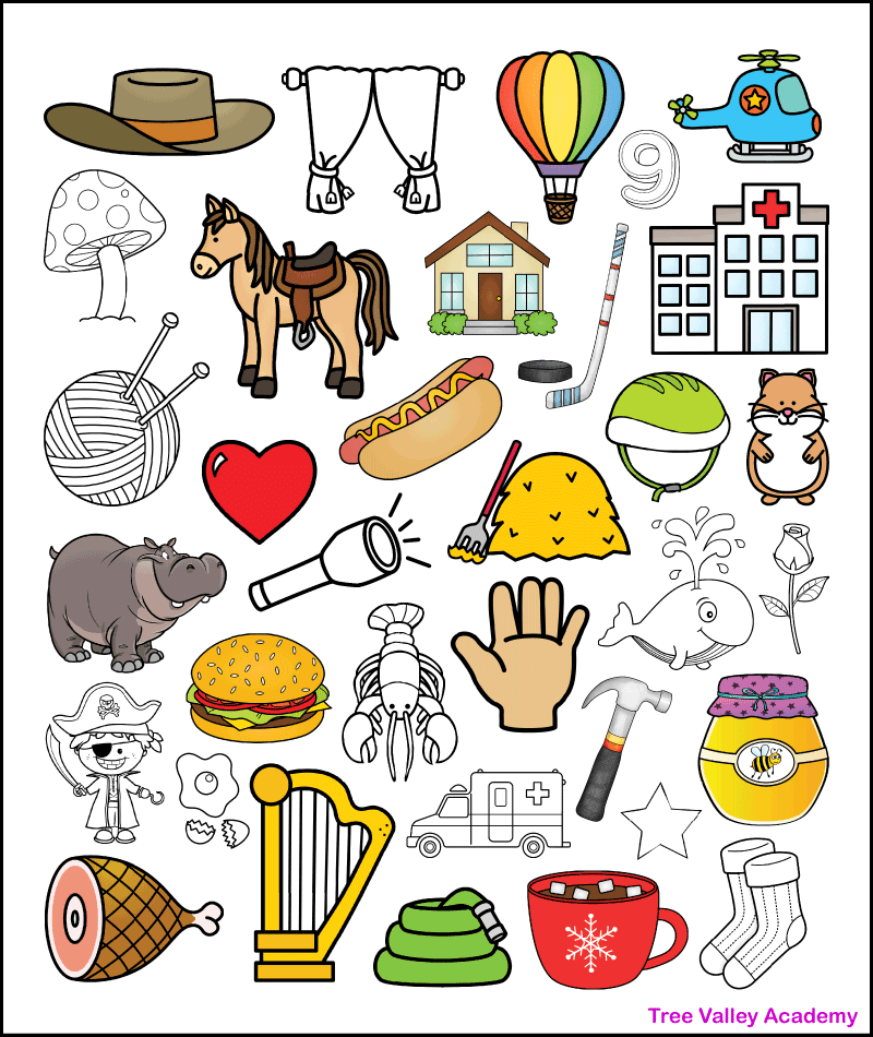 The answer key for a printable letter H beginning sound worksheet. It shows which of the 34 images should be colored as they start with a letter H sound. Kids need to color the image of a hat, hot air balloon, helicopter, horse, house, hockey, hospital, heart, hot dog, hay, helmet, hamster, hippo, hamburger, hand, hammer, harp, ham, hose, hot chocolate, and honey.
