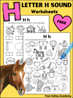 Free letter H sound worksheets. There are 2 black and white letter H sound worksheets. There's a page with 34 images, and kids need to color the pictures that begin with an H sound. The other printable has 12 images on it, with boxes underneath each image representing the syllables of each word. Kids are asked to draw an X in the box of the syllable that they hear an H sound.