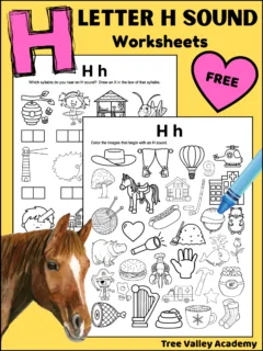 Free letter H sound worksheets. There are 2 black and white letter H sound worksheets. There's a page with 34 images, and kids need to color the pictures that begin with an H sound. The other printable has 12 images on it, with boxes underneath each image representing the syllables of each word. Kids are asked to draw an X in the box of the syllable that they hear an H sound.