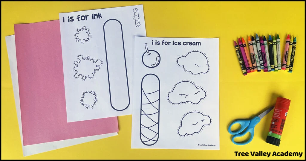 Supplies needed for letter I ink and ice cream alphabet preschool crafts: printed template, construction paper, crayons, scissors, and a glue stick.