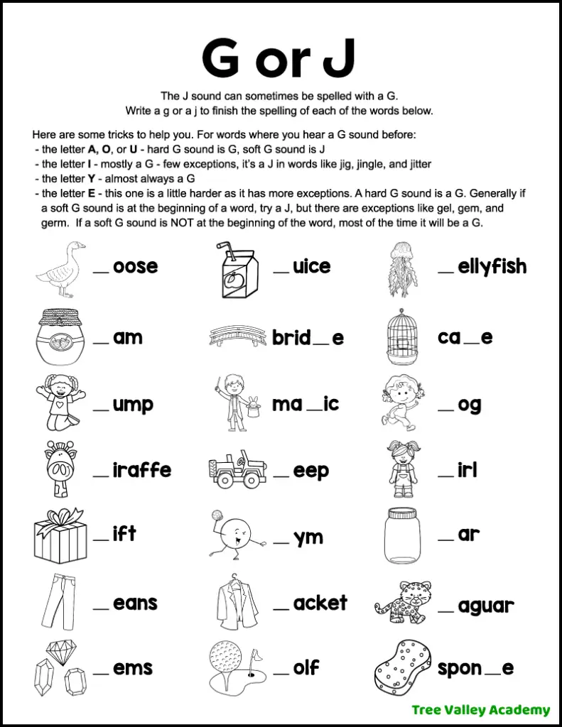G or J printable worksheet with pictures where kids write either 'g' or 'j' to complete each word.