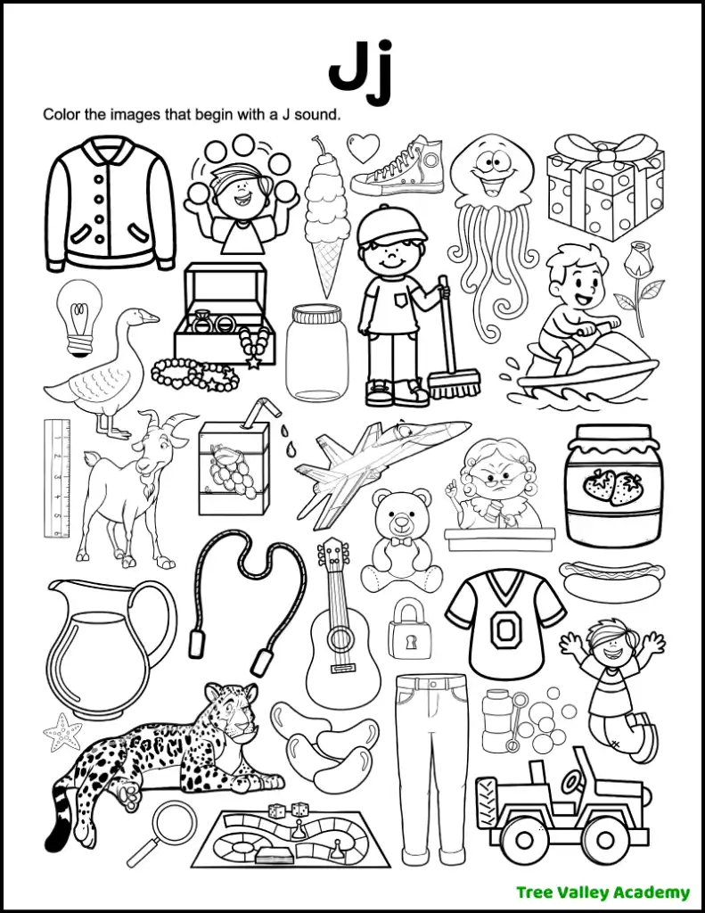 Printable letter J beginning sound worksheet with various black-and-white images for kids to color those that start with the J sound.