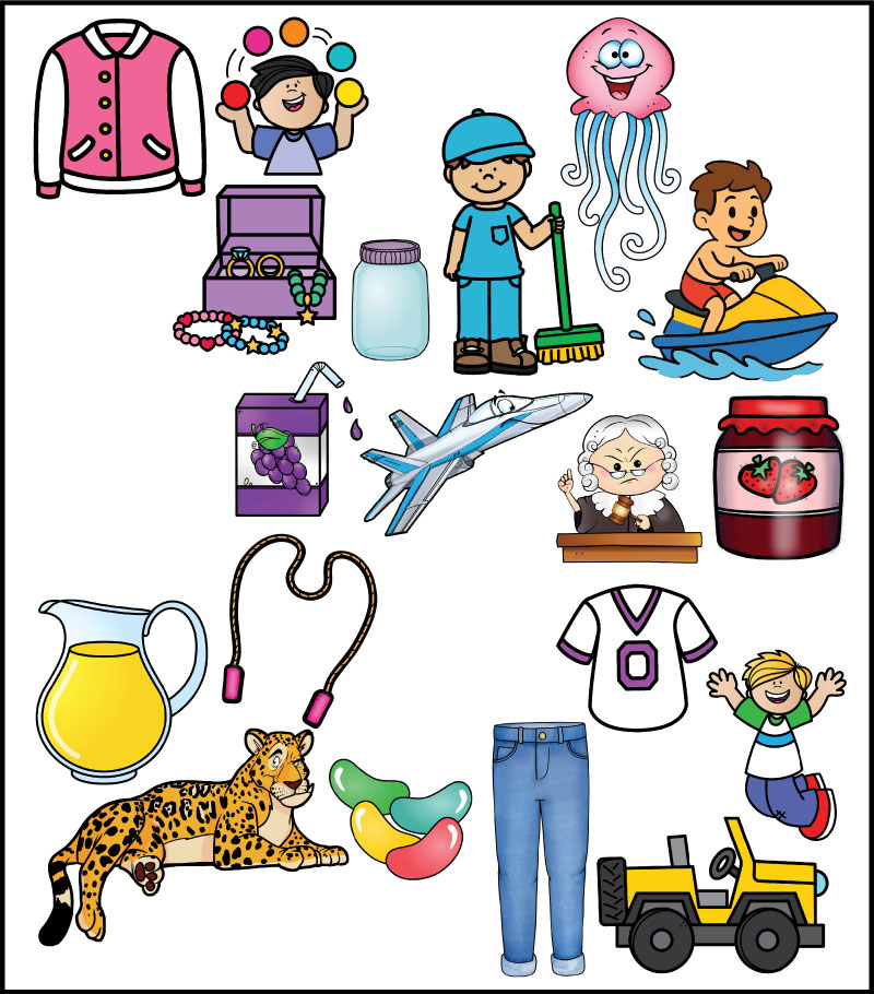 A letter J beginning sound worksheet answer key. It shows 19 images of items that begin with the letter J and should be colored: a jacket, juggler, jewelry, jar, janitor, jellyfish, jet ski, juice, jet, judge, jam, jug, jump rope, jersey, jaguar, jellybeans, jeans, jump, and jeep.