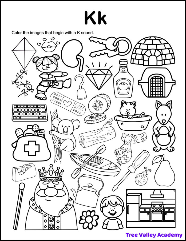 A printable letter K beginning sound worksheet. The alphabet coloring page has 30 pictures. Kids need to sound the words out and color the items that start with a K sound. There are 18 images that begin with the letter K sound that should be colored.