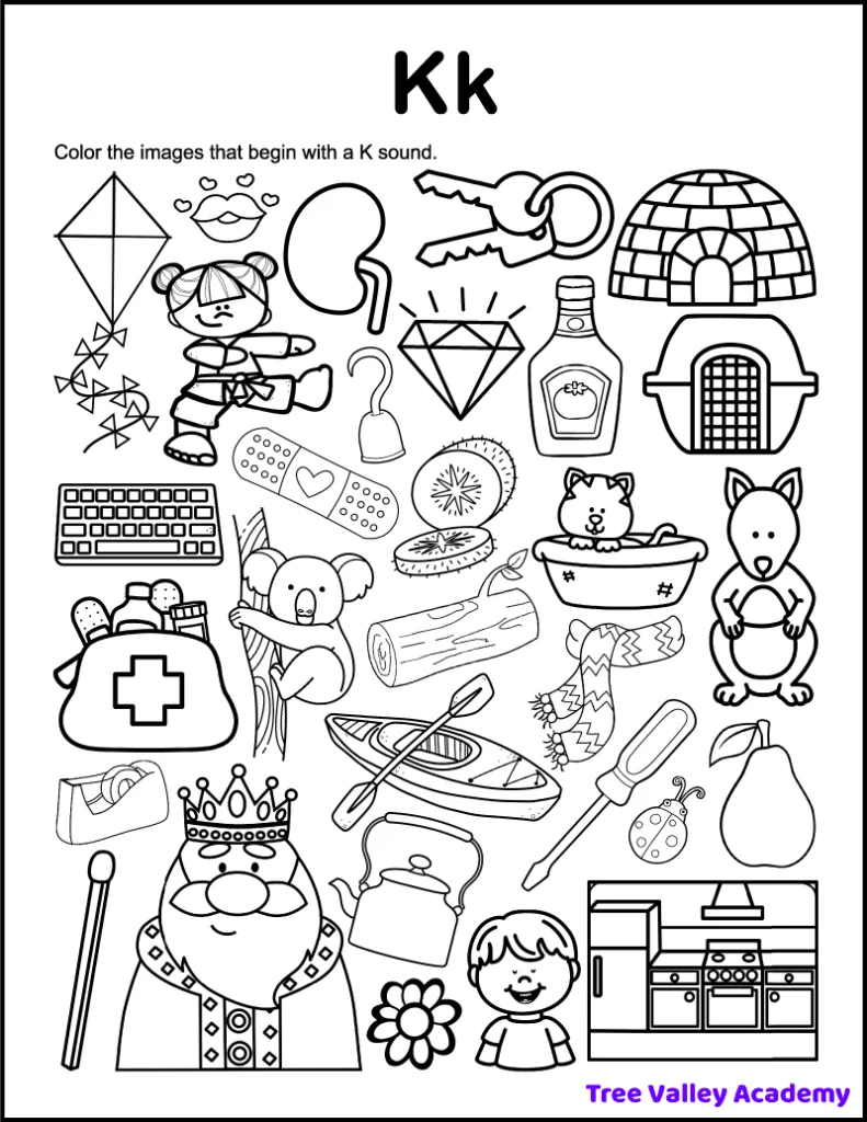 A printable letter K beginning sound worksheet. The alphabet coloring page has 30 pictures. Kids need to sound the words out and color the items that start with a K sound. There are 18 images that begin with the letter K sound that should be colored.