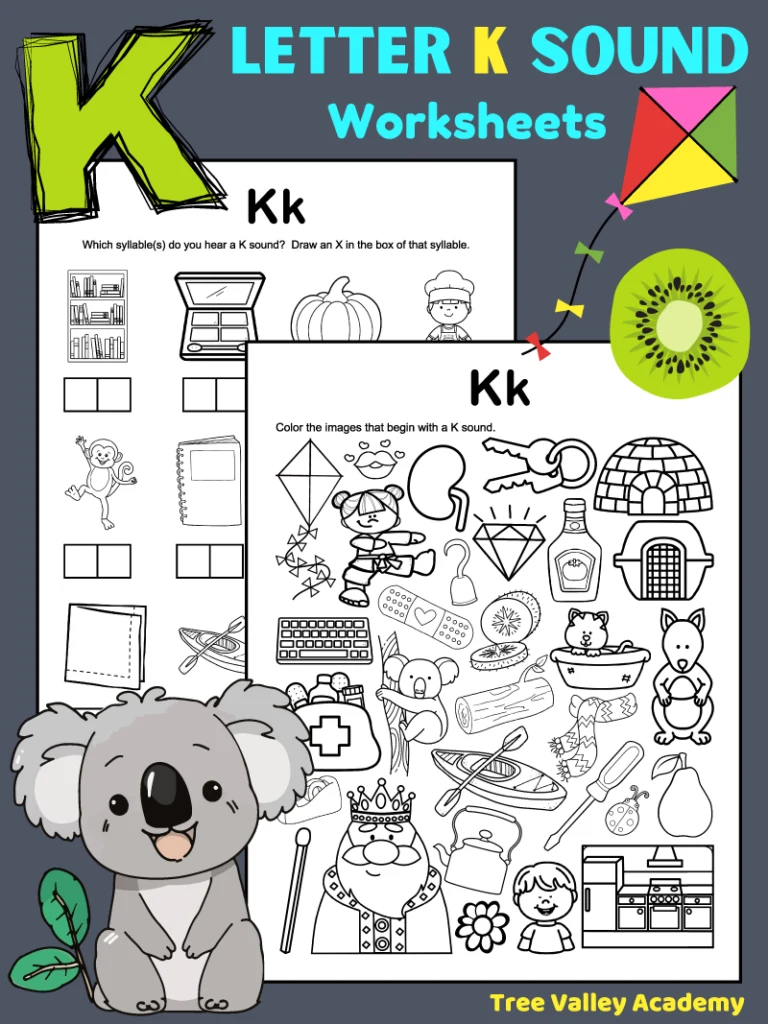 Free printable letter K sound alphabet worksheets for kindergarten and 1st grade.