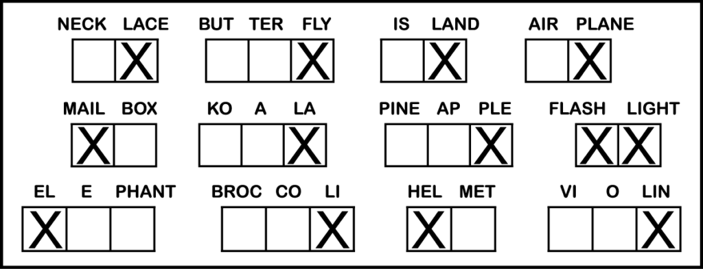 A letter L phonics syllable worksheet answer key. It shows which syllables in 12 different words contain an L sound. Kids need to put X's in each box representing a syllable that they hear the L sound. There should be an X in the first syllable of the words mailbox, elephant, and helmet; the last syllable in the words butterfly, island, airplane, koala, pineapple, broccoli, and violin; and both syllables in the words flashlight.