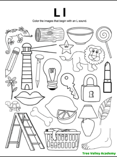 A printable letter L beginning sound worksheet. The alphabet coloring page has 23 pictures. Kids need to sound out the words of the images and color the 14 objects that begin with an L sound.
