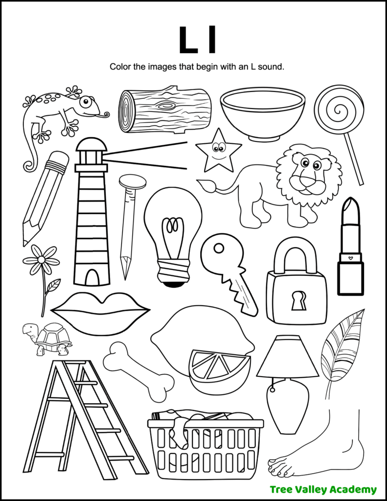 A printable letter L beginning sound worksheet. The alphabet coloring page has 23 pictures. Kids need to sound out the words of the images and color the 14 objects that begin with an L sound.