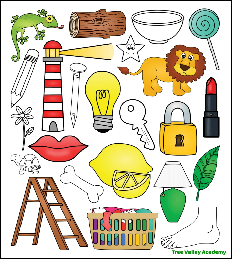 A letter L beginning sound worksheet answer key. It shows the 14 images of objects that begin with the letter L and should be colored. The letter L objects that should be colored are a lizard, log, lollipop, lighthouse, lightbulb, lion, lipstick, lock, lips, lemon, lamp, leaf, ladder, and laundry.