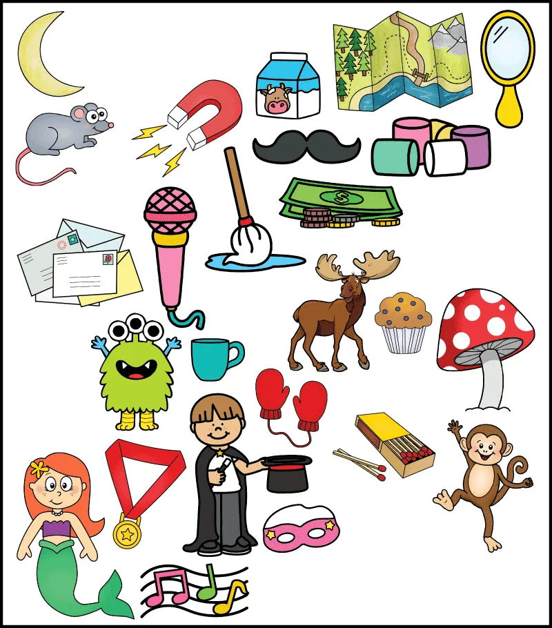 A letter M beginning sound worksheet answer key. It shows the 25 images of objects that begin with the letter M and should be colored. The letter M objects that should be colored are a moon, mouse, magnet, milk, moustache, map, marshmallows, mirror, money, mop, microphone, mail, monster, mug, moose, muffin, mushroom, mittens, magician, matches, monkey, mermaid, medal, music, and mask.
