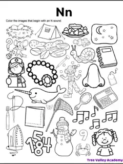 Free printable letter N beginning sound worksheet for kids to color images that start with the N sound.