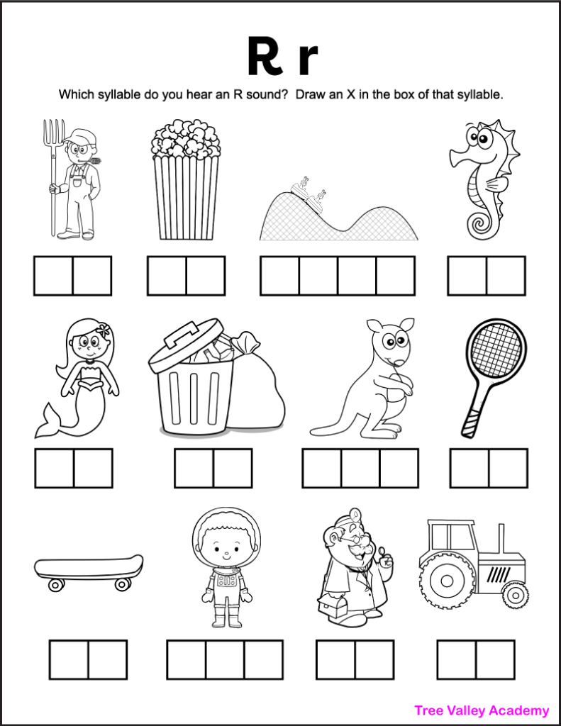 A printable 1st grade letter R sound worksheet. There are 12 black and white images, and kids need to sound each word out and then identify which syllable(s) contain an R sound. Kids will draw an X in the box(es) representing those syllables. There is a picture of a farmer, popcorn, rollercoaster, seahorse, mermaid, garbage, kangaroo, racket, skateboard, astronaut, doctor, and tractor.