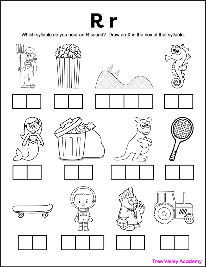 A printable 1st grade letter R sound worksheet. There are 12 black and white images, and kids need to sound each word out and then identify which syllable(s) contain an R sound. Kids will draw an X in the box(es) representing those syllables. There is a picture of a farmer, popcorn, rollercoaster, seahorse, mermaid, garbage, kangaroo, racket, skateboard, astronaut, doctor, and tractor.