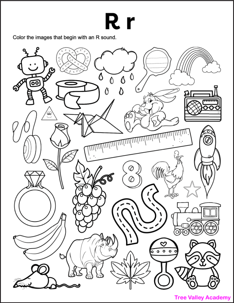 A printable letter R beginning sound kindergarten worksheet. The letter R coloring page has 27 images. Kids need to color the objects that start with an R sound. There are 16 pictures kids will need to color.