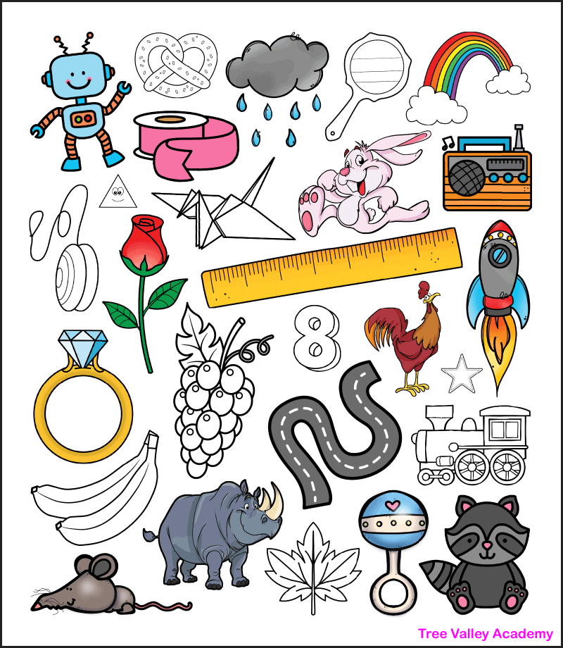 The answer key for a printable letter R beginning sound coloring worksheet. It shows which 16 images begin with an R sound and should be colored. Kids need to color the pictures of a robot, ribbon, rain, rainbow, rabbit, radio, rose, ruler, ring, rooster, rocket, road, rhino, rat, rattle, and raccoon.