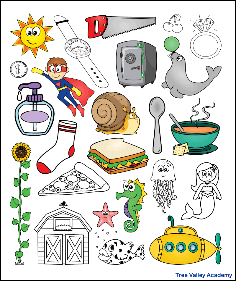 A letter S beginning sound coloring worksheet answer key. It shows which 15 images start with an S sound and should be colored. Kids should have colored the pictures of a sun, saw, soap, superhero, snail, safe, seal, sock, sandwich, spoon, soup, sunflower, starfish, seahorse, and submarine.