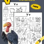 2 black and white letter V sound worksheets. There's a page with 31 images, and kids need to color the pictures that begin with a V sound. The other alphabet worksheet has 12 images on it, with boxes underneath each image representing the syllables of each word. Kids are asked to draw an X in the box of the syllable that they hear a V sound.