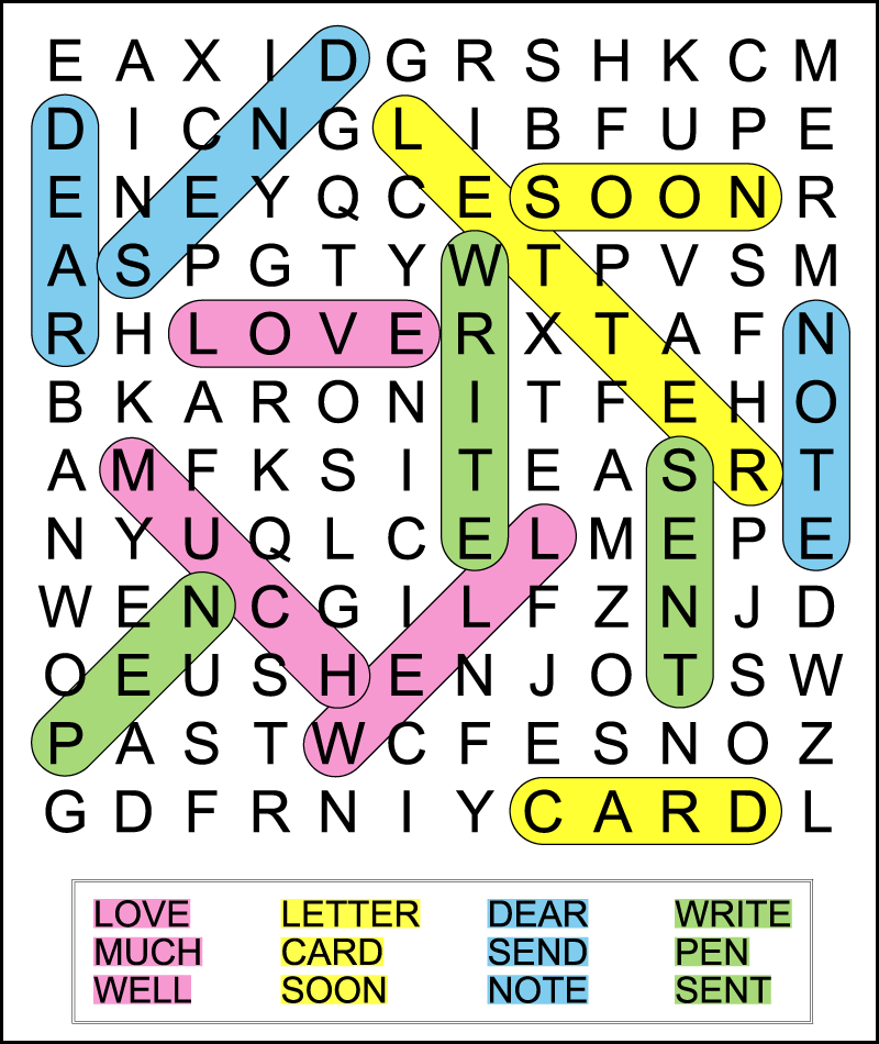 A color-coded letter writing word search answer key.