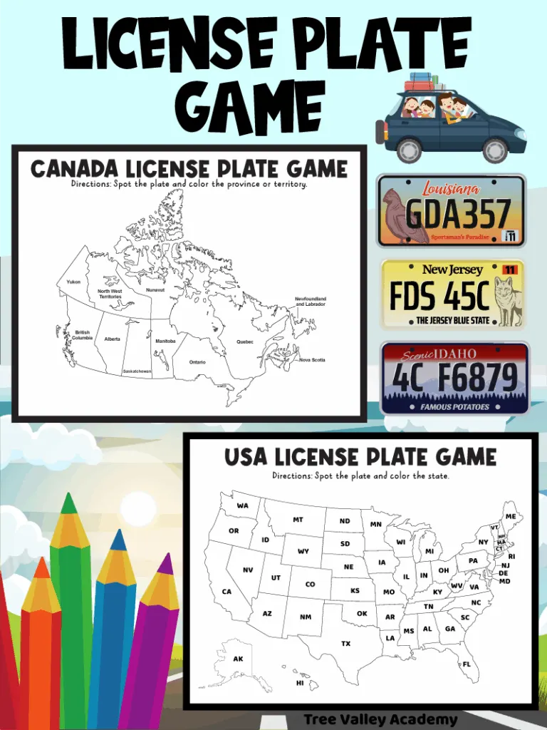 Free printable license plate game with black-and-white maps of the USA and Canada for kids to color during road trips.