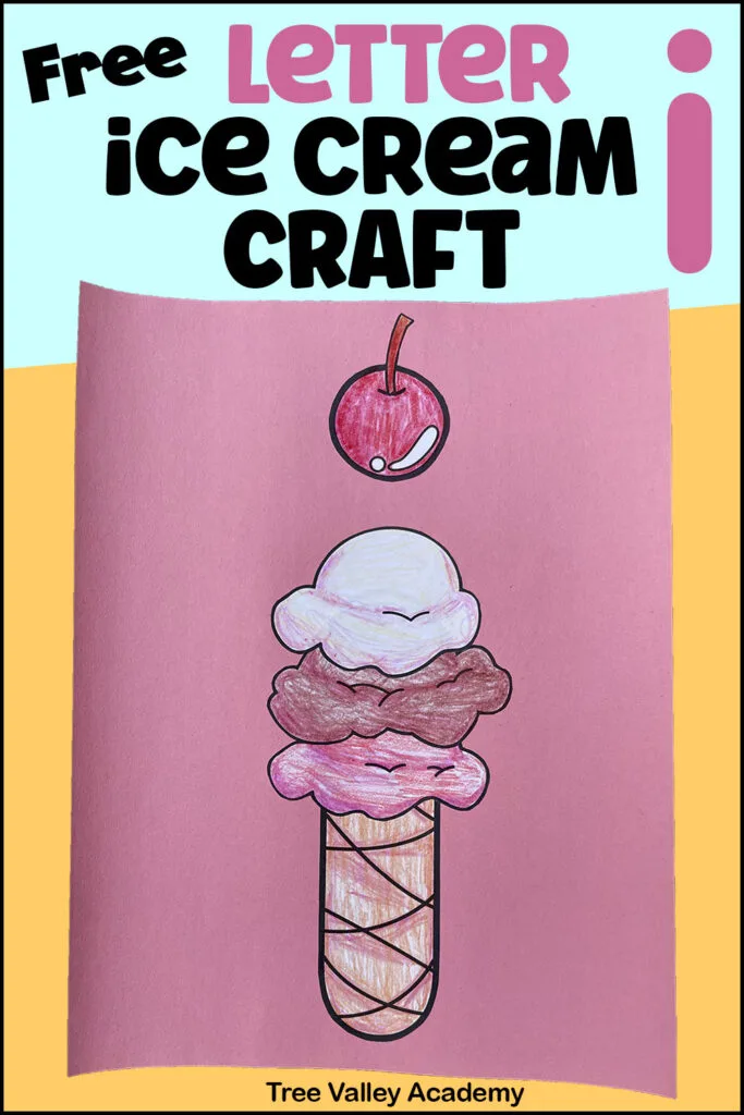 Completed lowercase letter i ice cream craft on pink construction paper