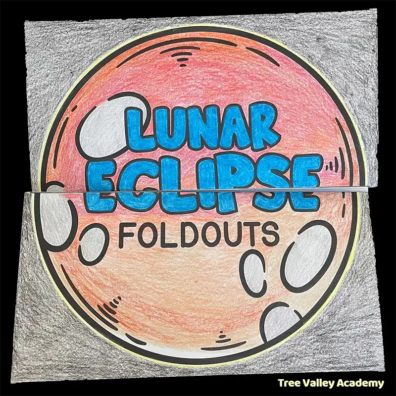 Both halves of the cover of a lunar eclipse foldout. The halves put together show the full cover: of a moon during a lunar eclipse with the title "Lunar Eclipse Foldouts". The cover has been fully colored with crayons.