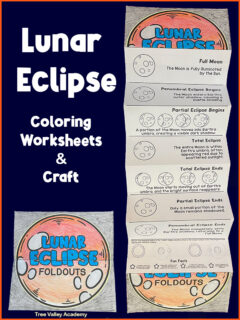 Lunar eclipse coloring worksheets and craft. The lunar eclipse folds down flat and opens up to show the different phases and lunar eclipse facts.