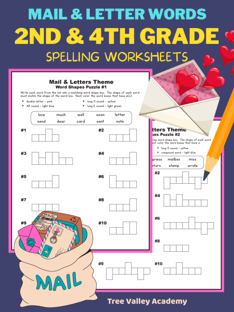 Mail & letter words 2nd & 4th grade spelling worksheets. There are 2 printable worksheets, each with a word shape puzzle with 10 words. After kids write the words in the word boxes, they will color some word boxes with specified phonics sounds.