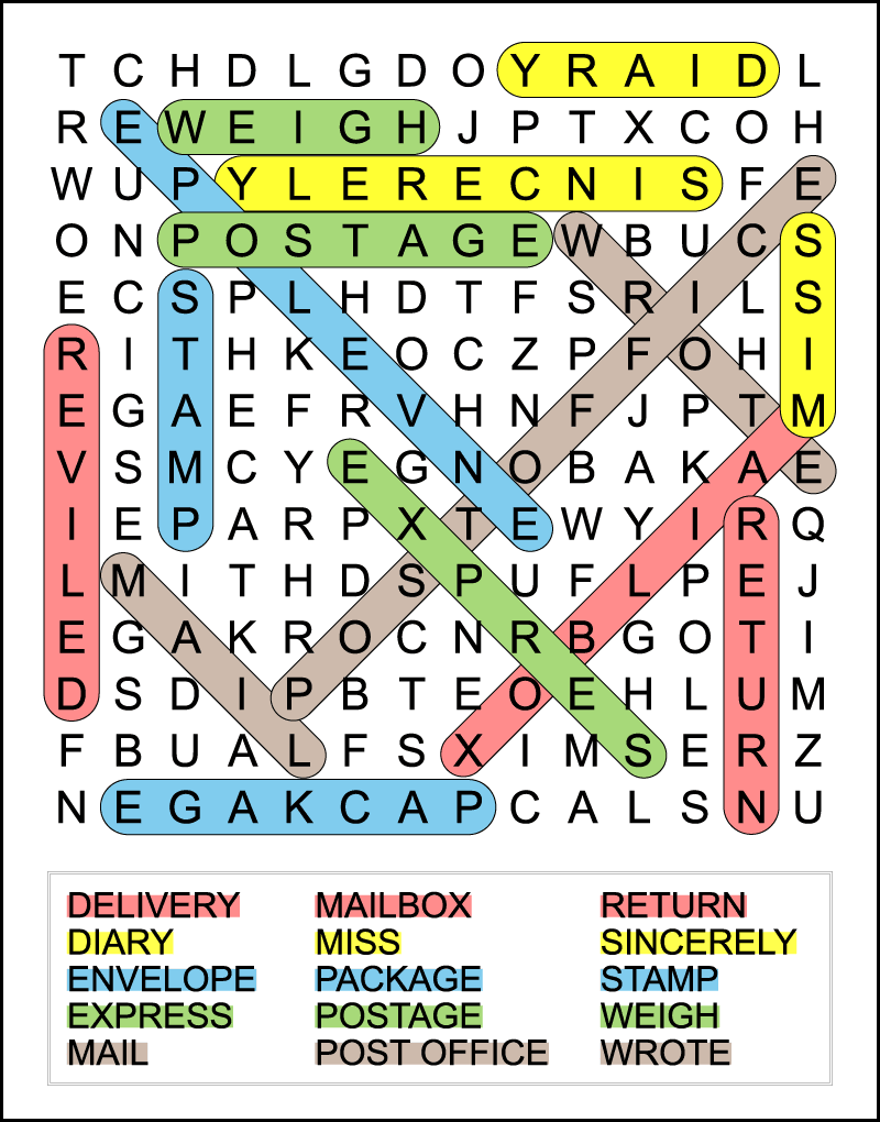 A color-coded answer key for a 4th grade mail-themed word search. There are 15 words hidden in a 14 X 14 grid of uppercase letters.