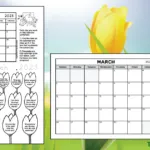 A march calendar worksheet and a printable full page calendar for the month of March 2023 on a spring and tulip background.