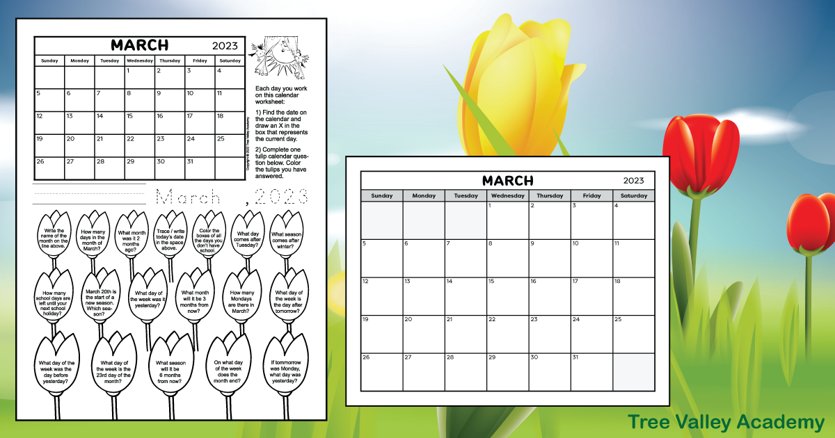 Calendar Worksheet for March 2024 - Tree Valley Academy