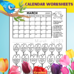 March 2023 calendar worksheets for grades 1 and 2. The black and white printable worksheet has a calendar of the month and 18 calendar questions written in images of tulips. It's a coloring worksheet where kids can color the tulips of questions they've answered. There's also spots for kids to write and trace the current date.