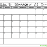 A black and white printable calendar for the month of March 2024. The full page blank monthly calendar prints on a letter-sized landscape orientation paper. There are 2 spots to write notes. The header is decorated with spring images: flowers, a worm, a ladybug, a bee, a dragonfly, and a bird.