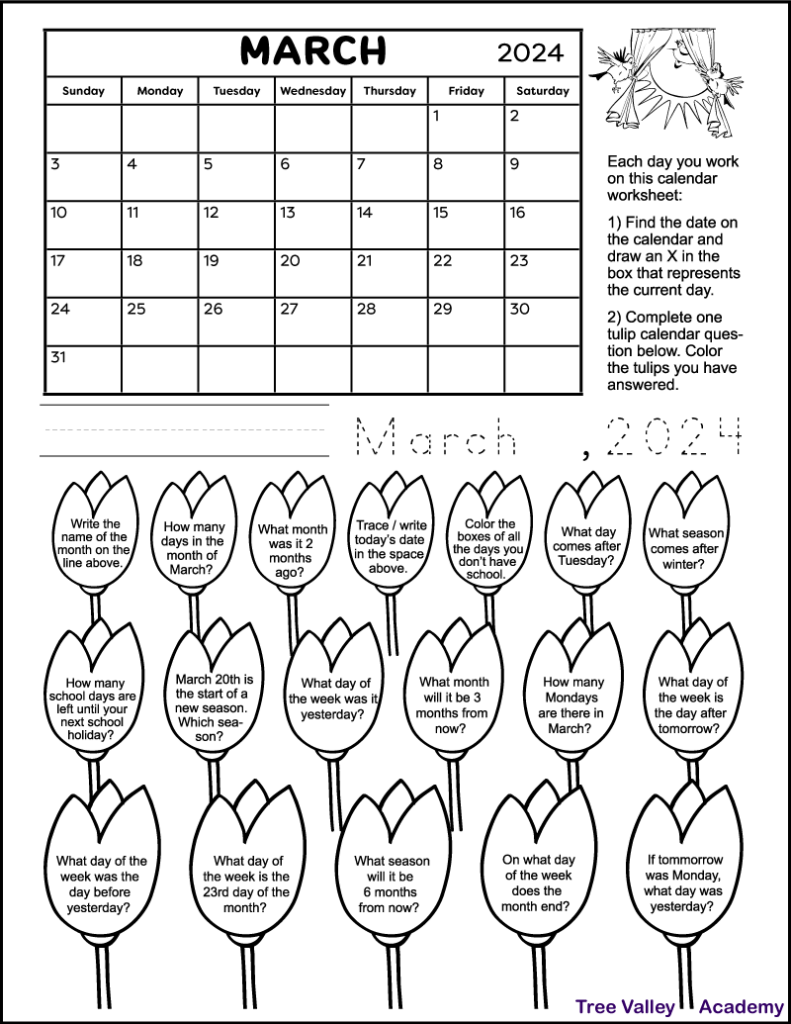 Calendar Worksheet for March 2024 Tree Valley Academy