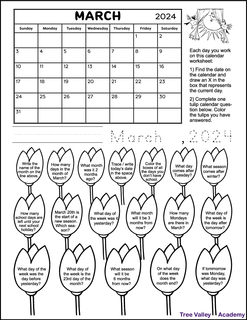 Calendar Worksheet for March 2025 Tree Valley Academy