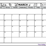 A black and white printable calendar for the month of March 2025. The full page blank monthly calendar prints on a letter-sized landscape orientation paper. There are 2 spots to write notes. The header is decorated with spring images: flowers, a worm, a ladybug, a bee, a dragonfly, and a bird.